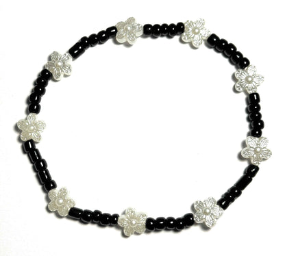 Black Beaded Anklet with Pearl White Flower Accents, Stretchy Design, Boho Beach Style