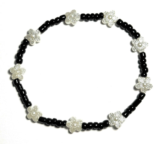Black Beaded Anklet with Pearl White Flower Accents, Stretchy Design, Boho Beach Style