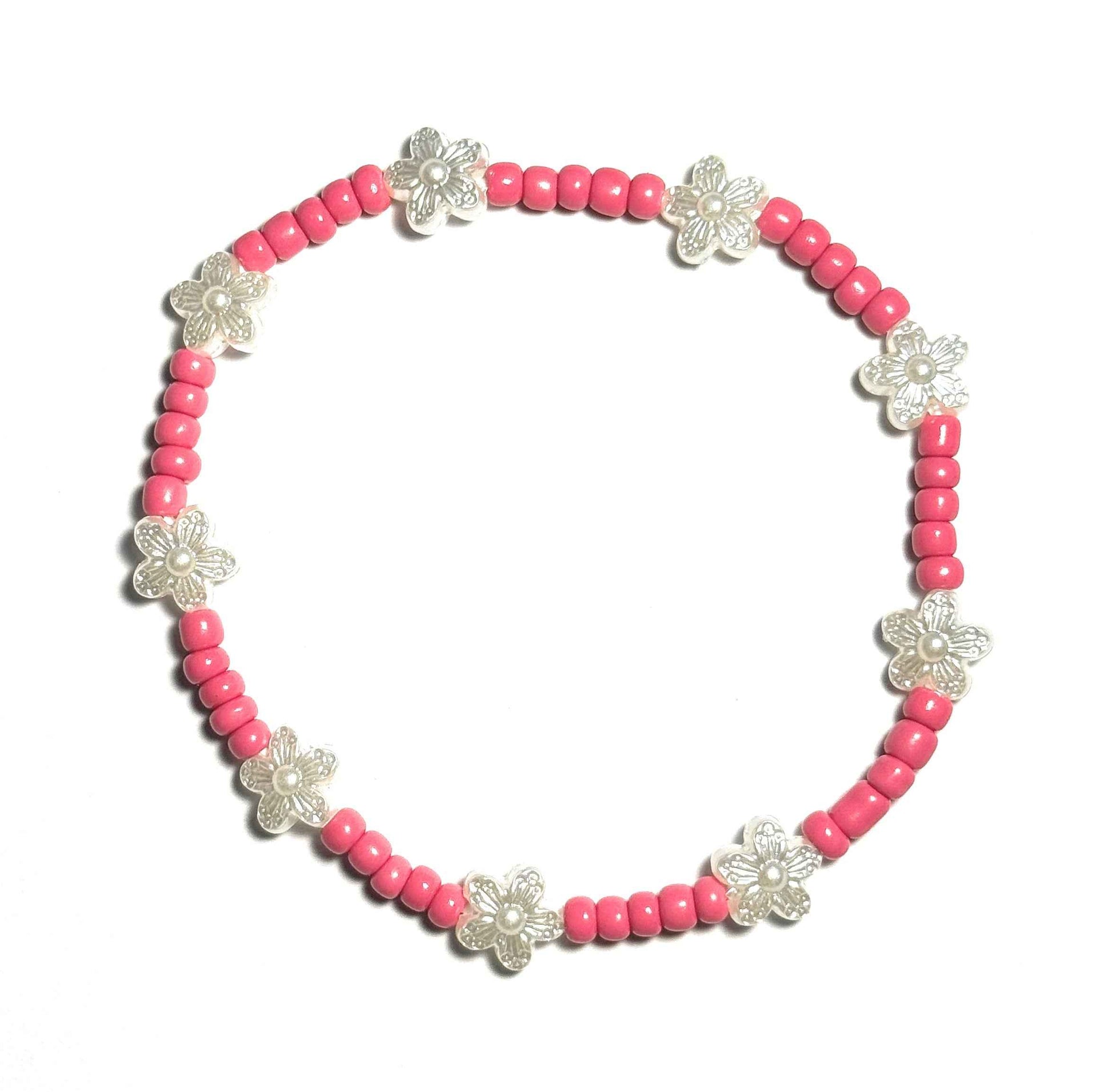 Pearl Flower Anklet, Neon Coral Pink Beaded Stretch Design, Boho Beach Style, Minimalist Fashion