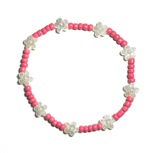 Pearl Flower Anklet, Neon Coral Pink Beaded Stretch Design, Boho Beach Style, Minimalist Fashion