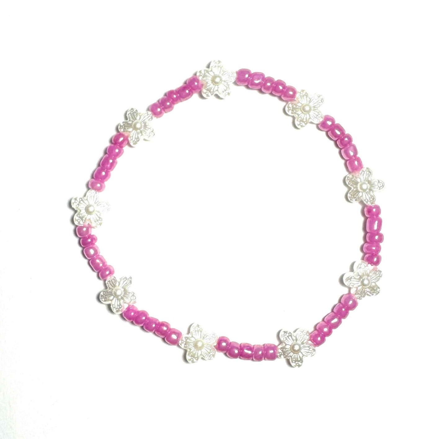 Pink and Pearl White Flower Beaded Stretchy Anklet, Boho Beach Style Minimalist