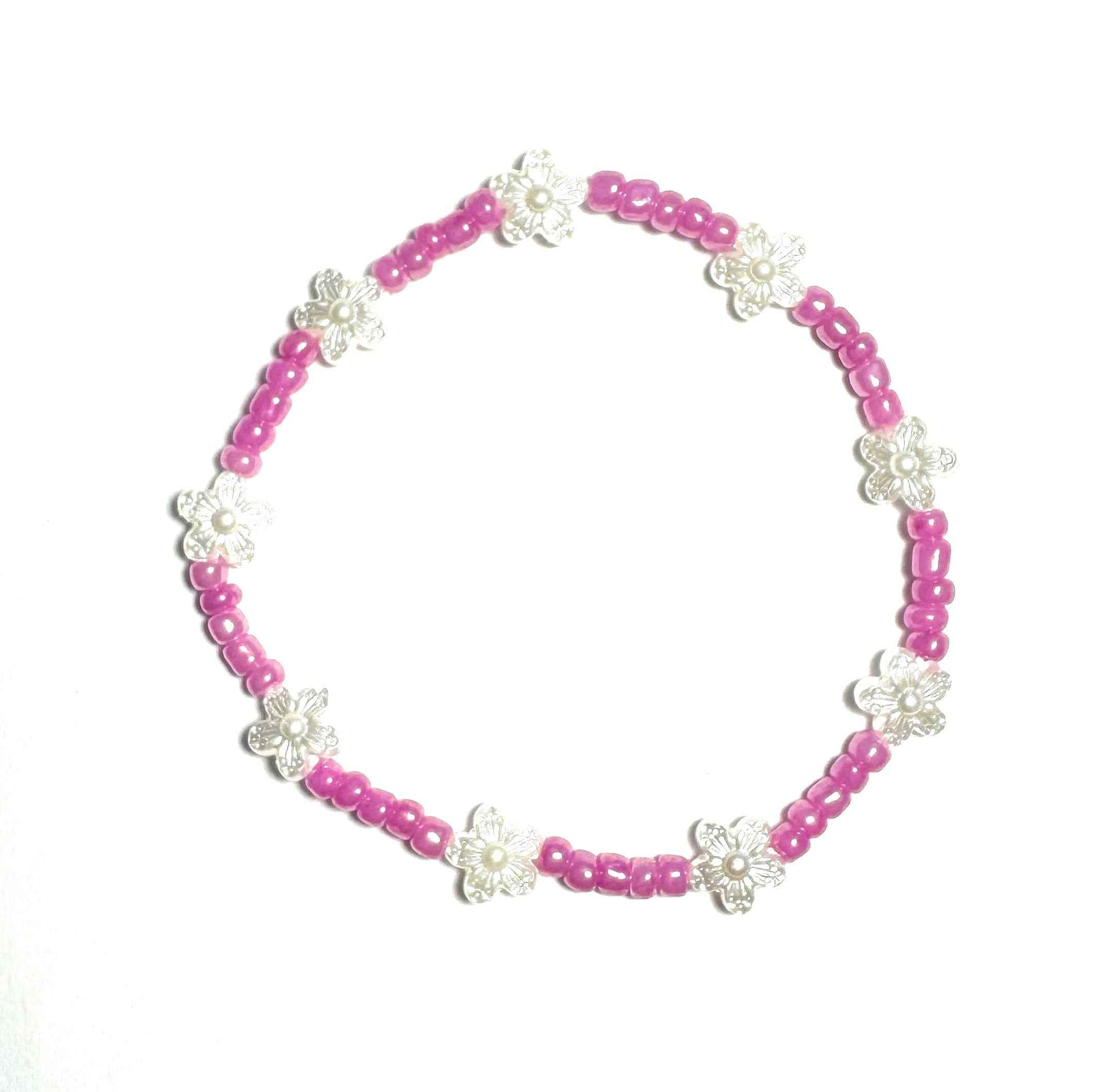 Pink and Pearl White Flower Beaded Stretchy Anklet, Boho Beach Style Minimalist