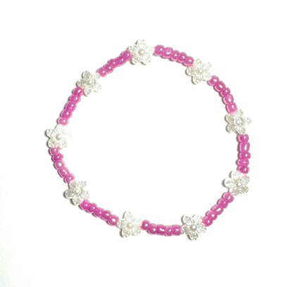 Pink and Pearl White Flower Beaded Stretchy Anklet, Boho Beach Style Minimalist