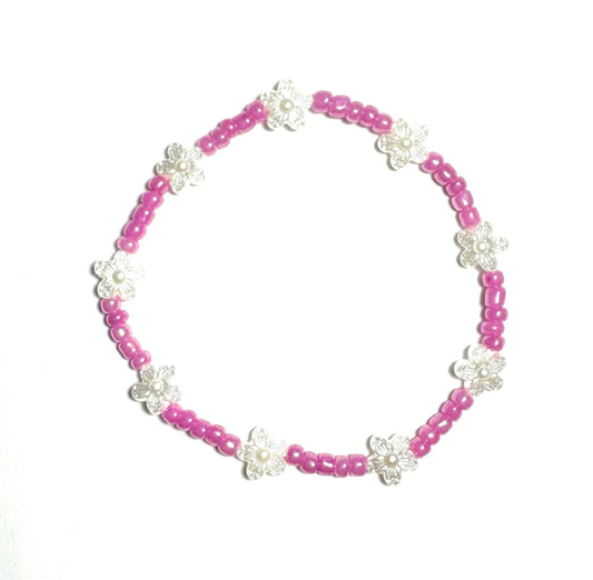 Pink and Pearl White Flower Beaded Stretchy Anklet, Boho Beach Style Minimalist