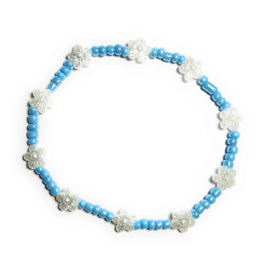 Blue Luster Beaded Anklet with Silver Flower Accents, Stretchy Boho Beach Style, Minimalist Design