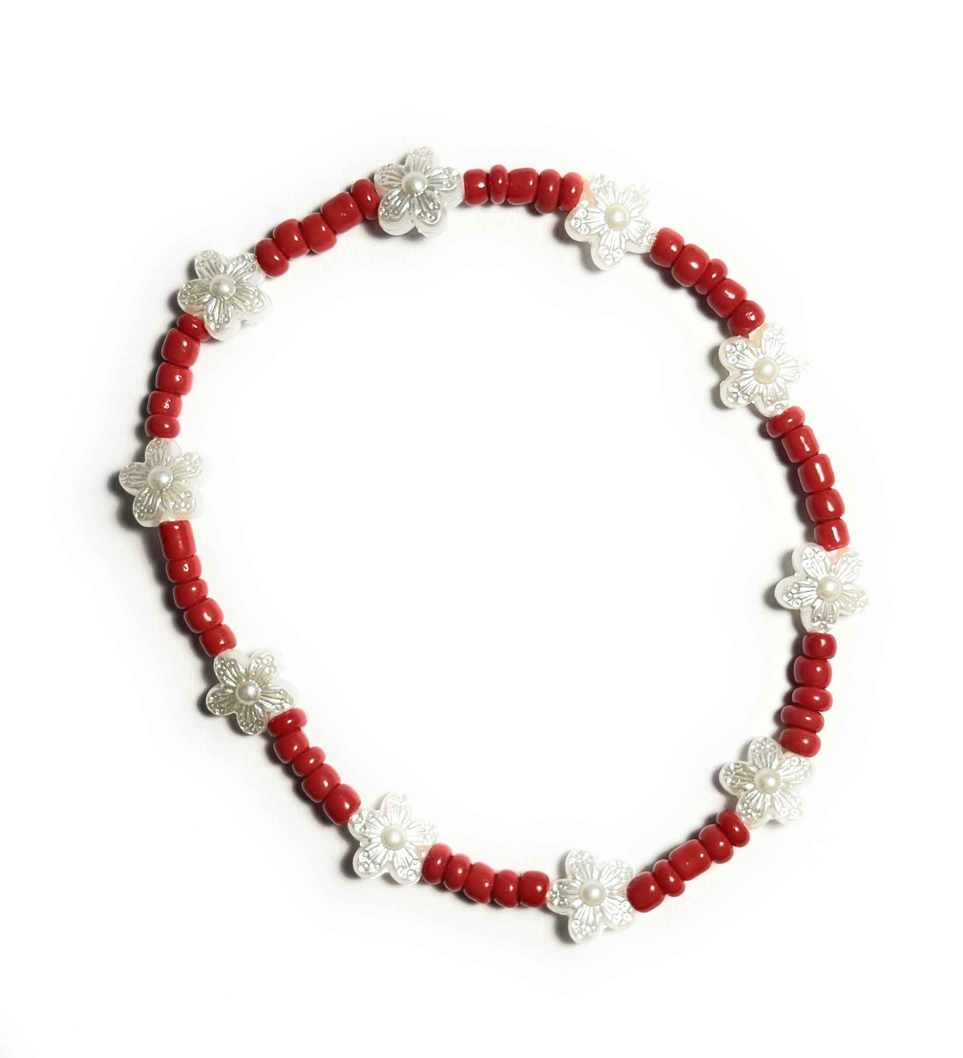 Flower Beaded Anklet, Red and White Pearl Accents, Stretchy Design, Bohemian Beach Style
