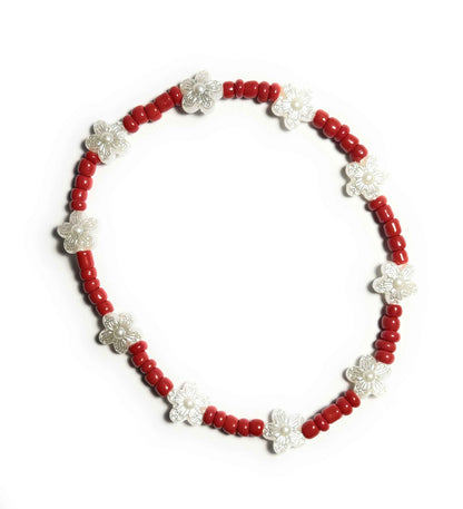 Flower Beaded Anklet, Red and White Pearl Accents, Stretchy Design, Bohemian Beach Style