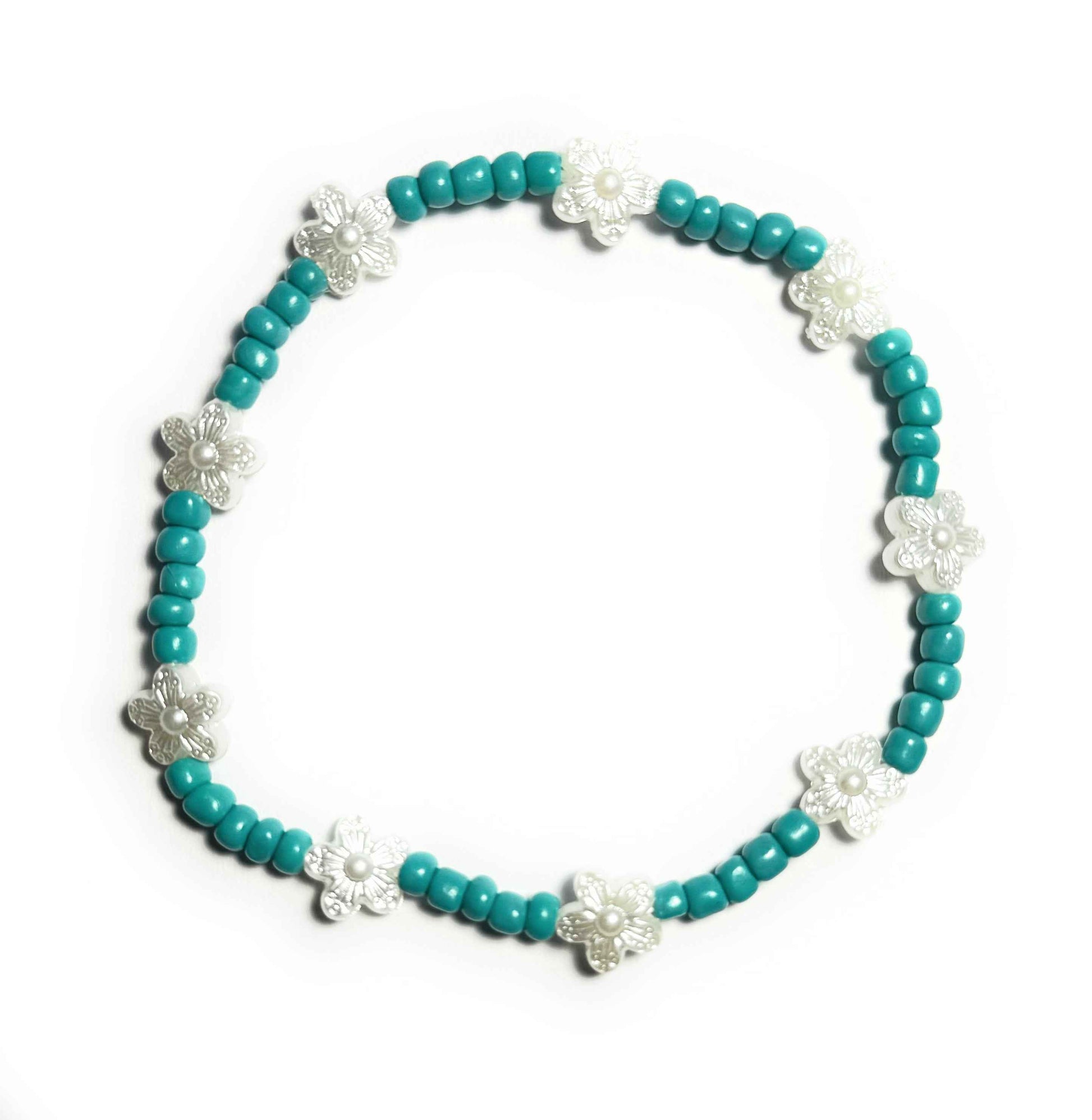 Turquoise Colored and White Pearl Flower Beaded Anklet, Stretchy Bohemian Beach Style