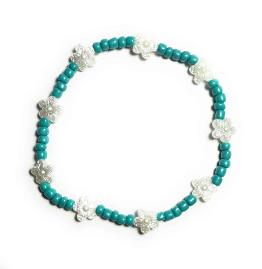 Turquoise Colored and White Pearl Flower Beaded Anklet, Stretchy Bohemian Beach Style