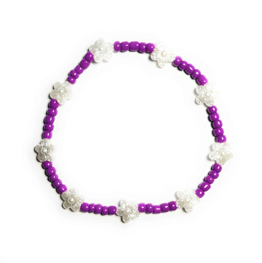 Magenta Purple and White Flower Beaded Anklet, Stretchy Elastic Band, Minimalist Boho Beach Style