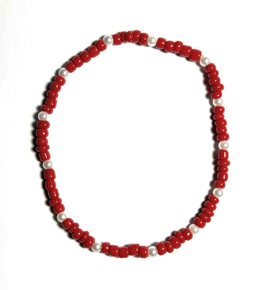 Red and Pearl Beaded Stretch Anklet, Minimalist Boho Beach Fashion