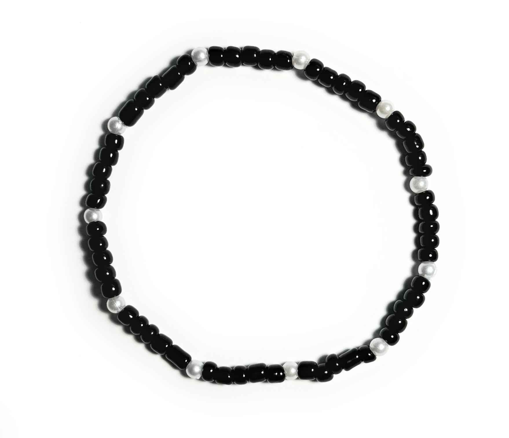 Black and Pearl Beaded Stretch Anklet, Minimalist Boho Style Beach