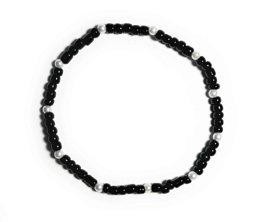 Black and Pearl Beaded Stretch Anklet, Minimalist Boho Style Beach