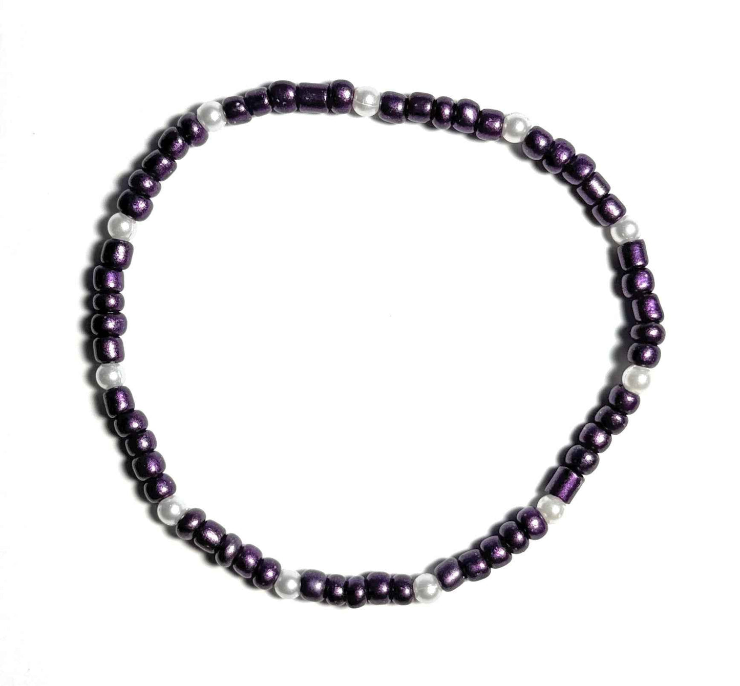 Dark Purple and White Faux Pearl Beaded Stretch Anklet, Minimalist Boho Beach