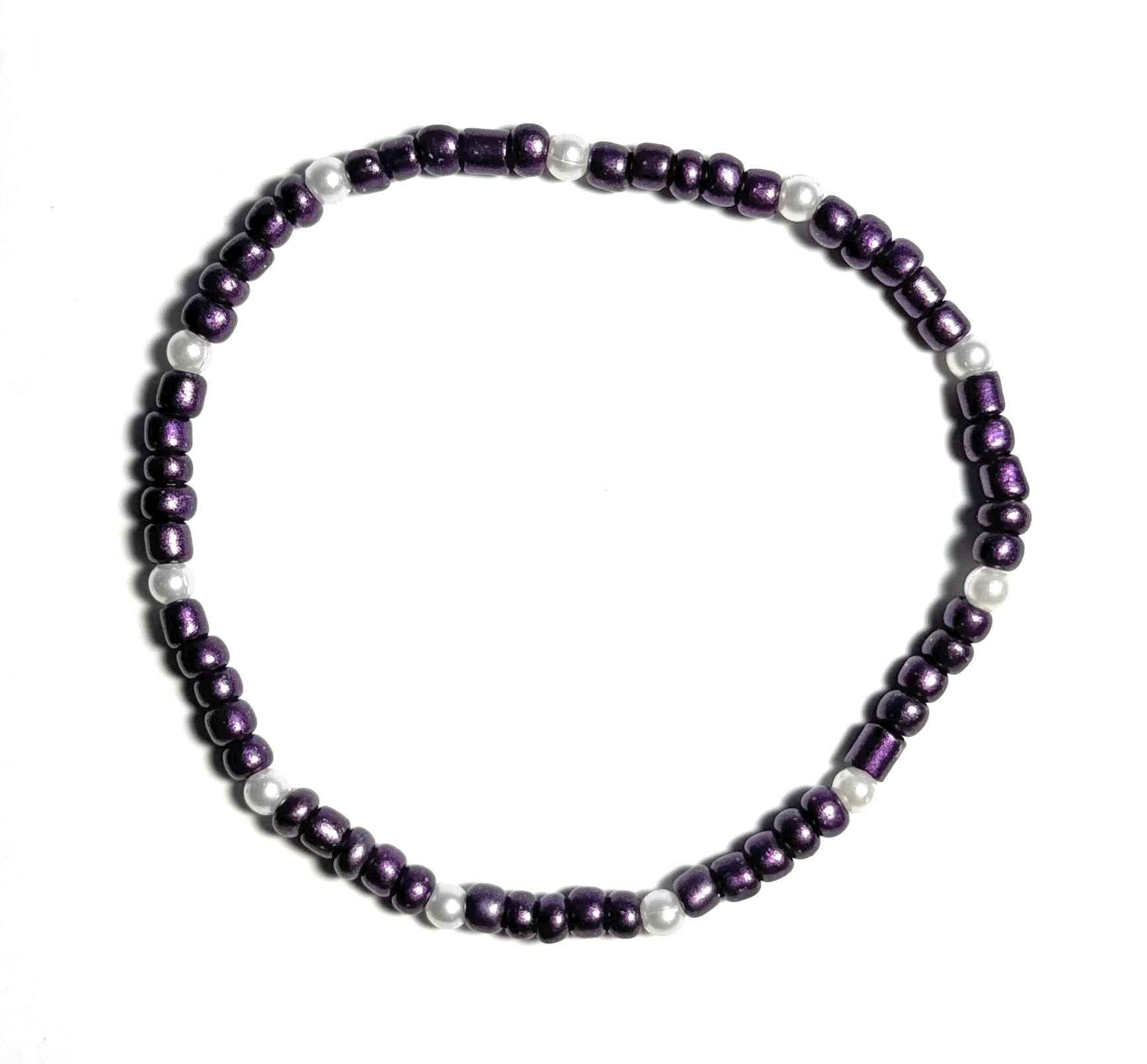 Dark Purple and White Faux Pearl Beaded Stretch Anklet, Minimalist Boho Beach