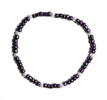 Dark Purple and White Faux Pearl Beaded Stretch Anklet, Minimalist Boho Beach
