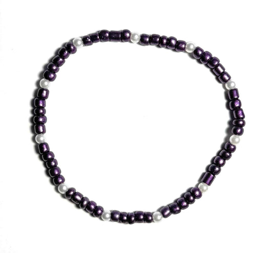 Dark Purple and White Faux Pearl Beaded Stretch Anklet, Minimalist Boho Beach