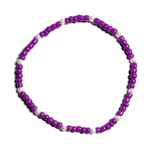 Purple and White Faux Pearl Beaded Stretch Anklet, Minimalist Boho Beach Style Jewelry