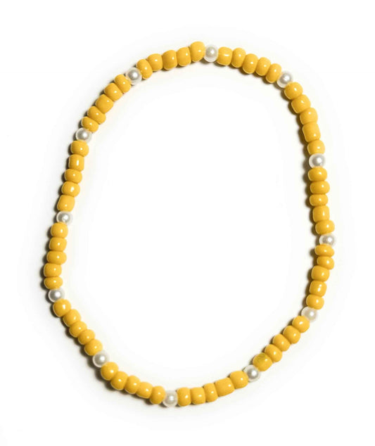Yellow Beaded Anklet with Faux Pearl Accents, Stretchy Boho Beach Jewelry, Minimalist Design