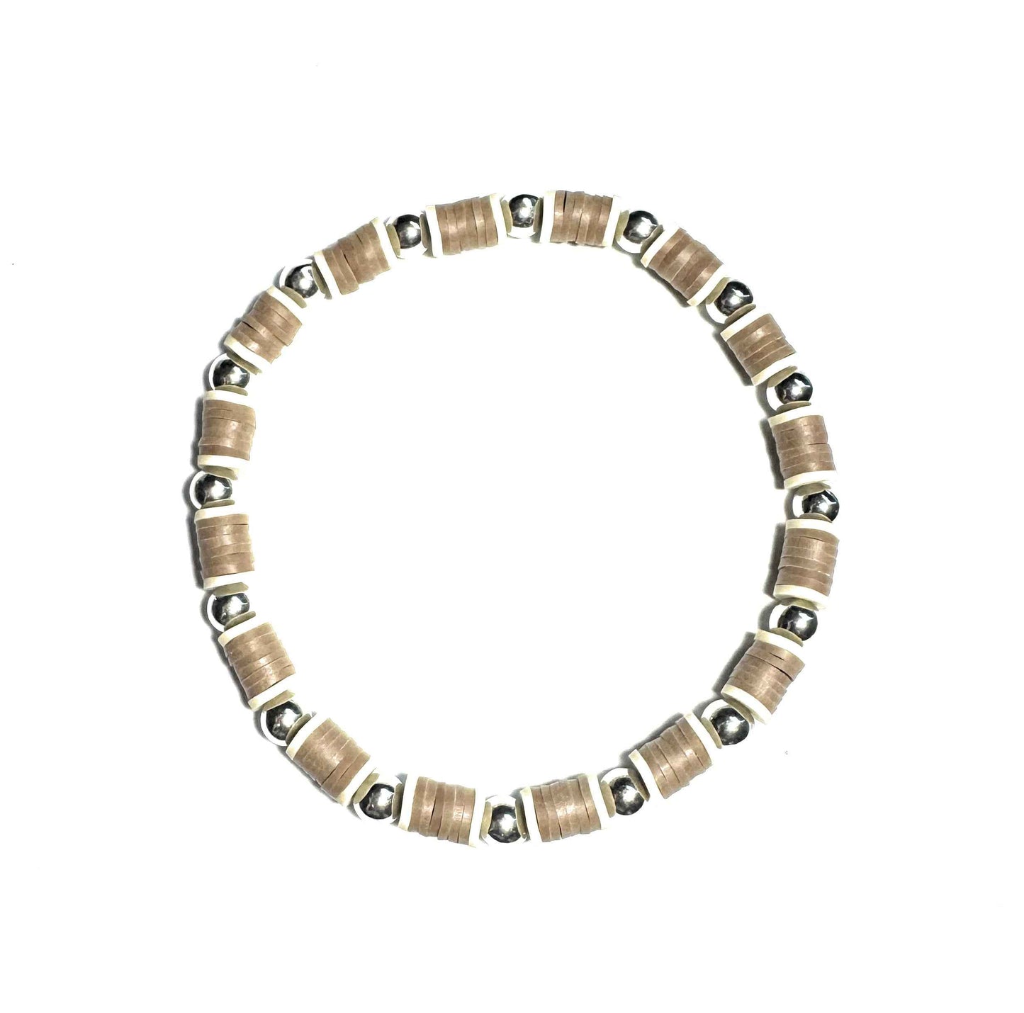 Heishi Bohemian Stretch Anklet, Tan and Silver Metallic Beads, Fashion Jewelry