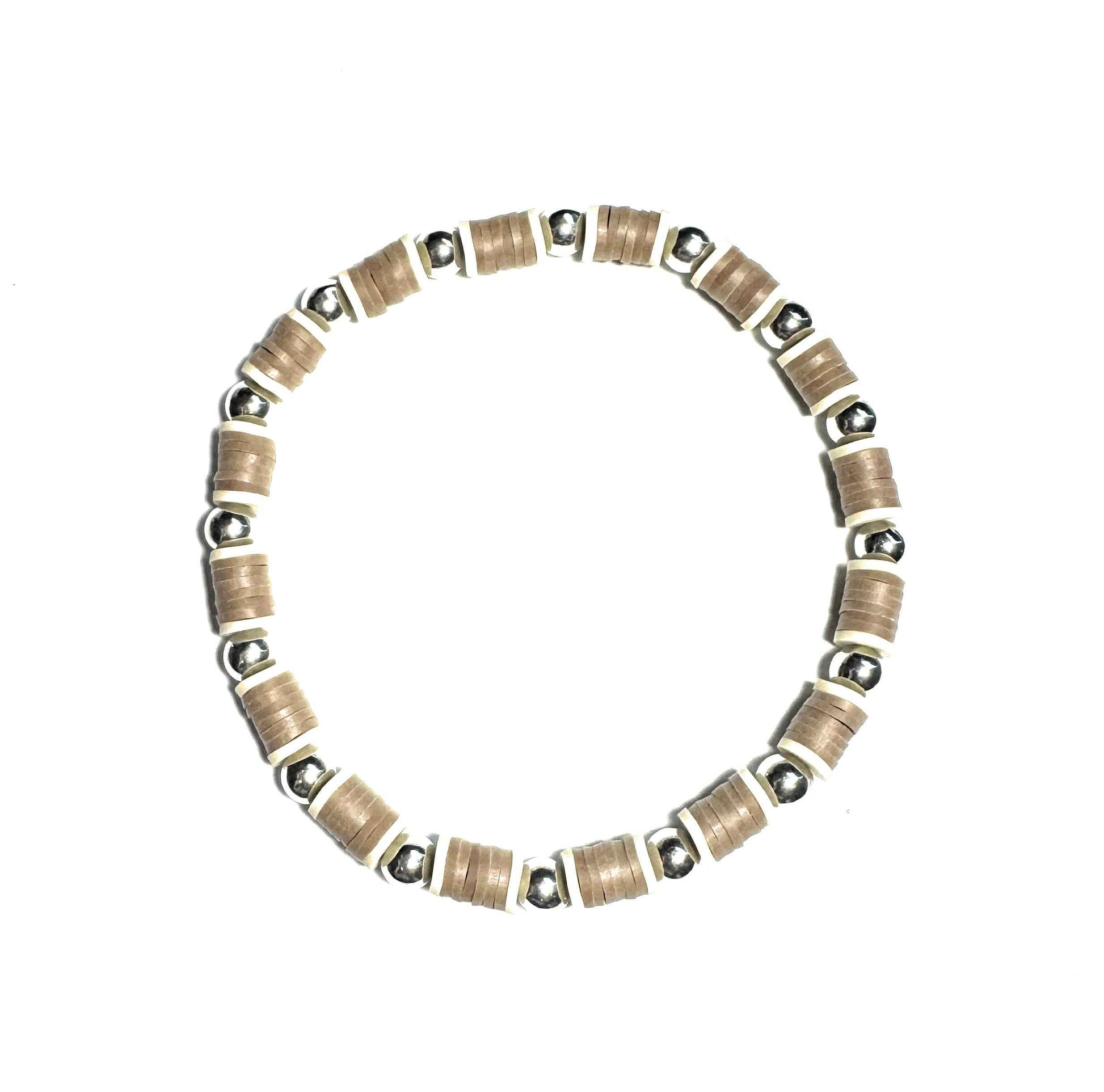 Heishi Bohemian Stretch Anklet, Tan and Silver Metallic Beads, Fashion Jewelry