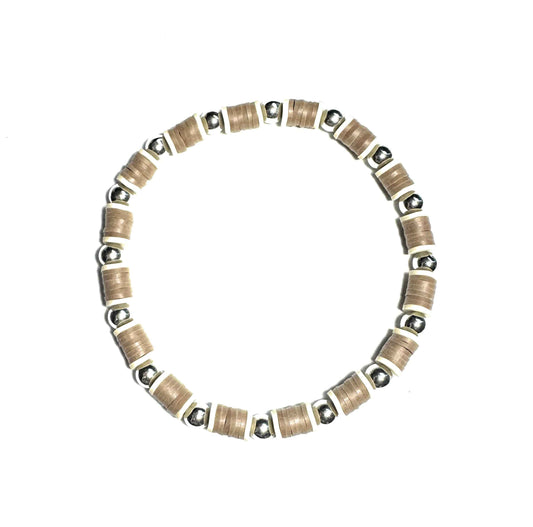 Heishi Bohemian Stretch Anklet, Tan and Silver Metallic Beads, Fashion Jewelry