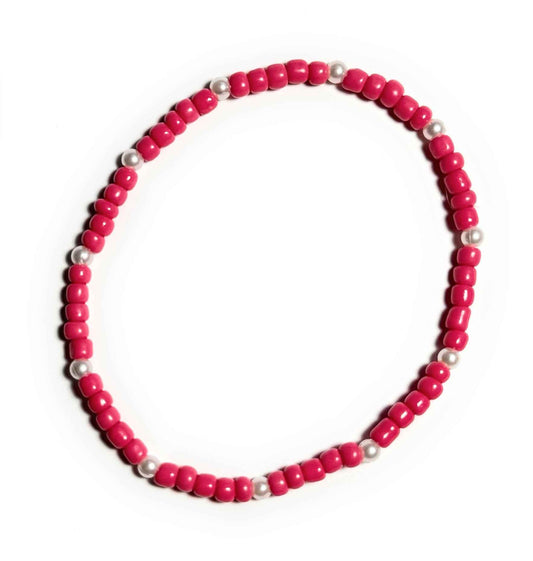 Neon Coral and Pearl Beaded Anklet, Stretchy Minimalist Boho Beach Jewelry, Casual Wear