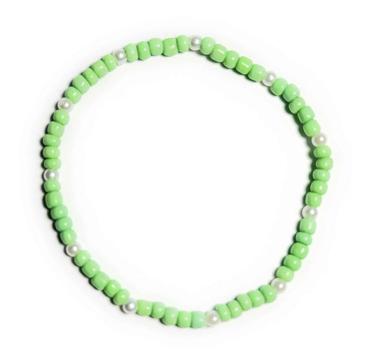 Beaded Anklet, Neon Bright Green with Faux Pearl Accents, Stretchy Design, Minimalist Boho Beach Jewelry