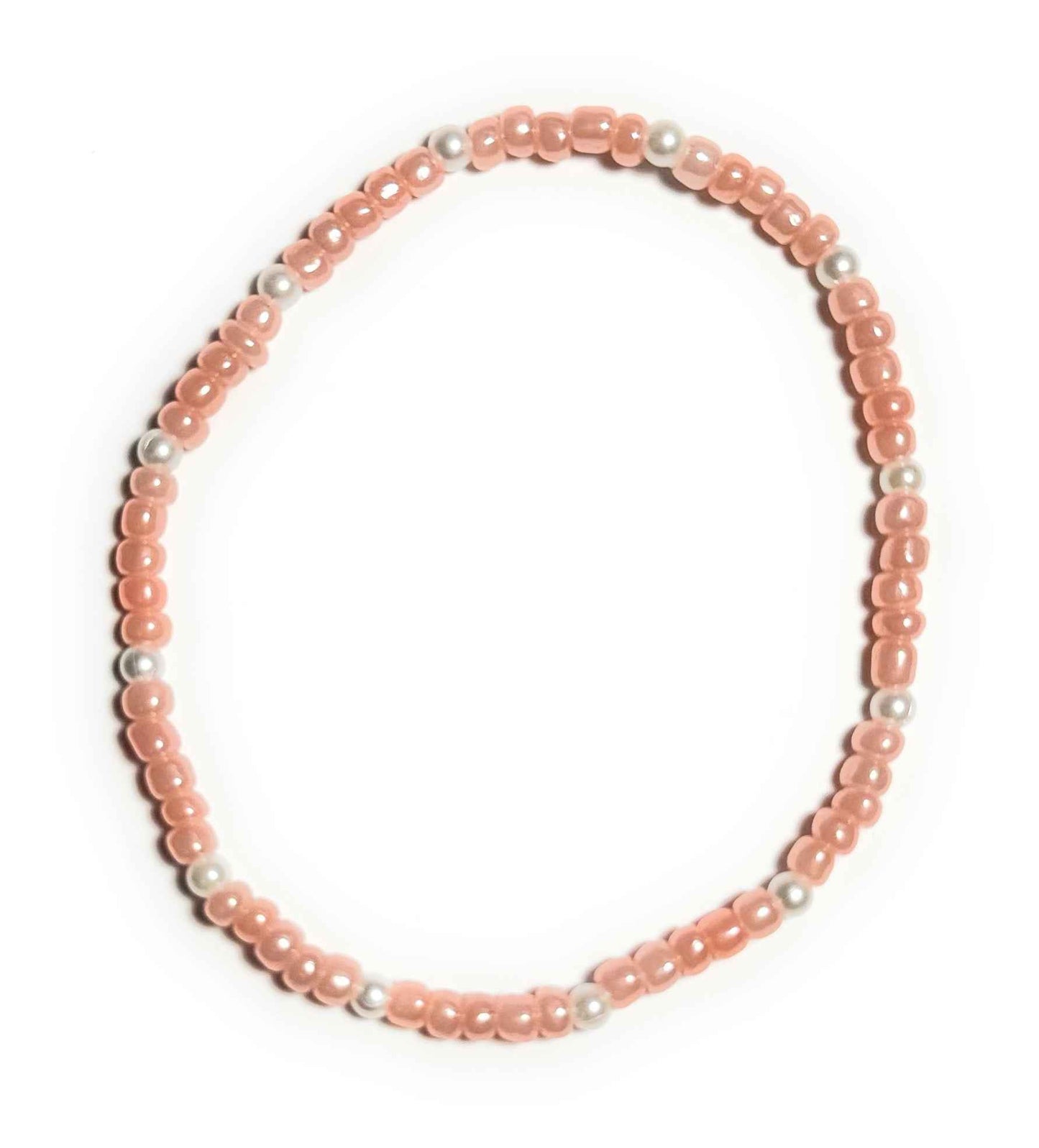 Coral Pink Beaded Anklet with Faux Pearl Accents, Stretchy Boho Beach Jewelry, Minimalist Style