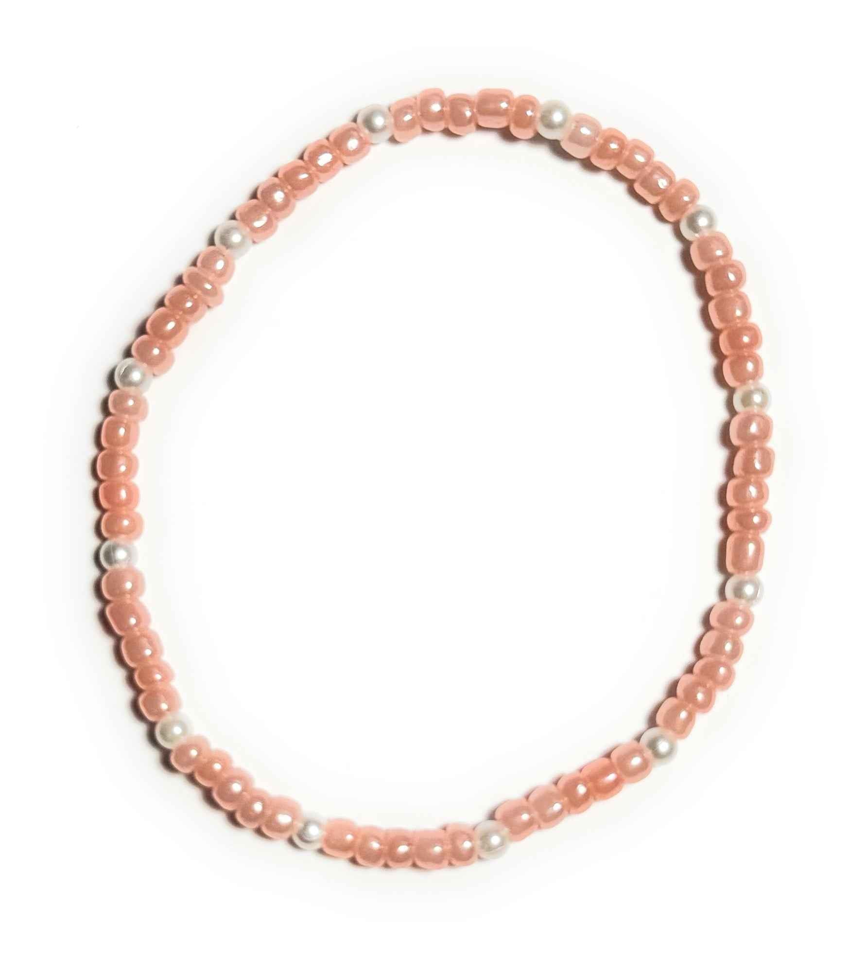 Coral Pink Beaded Anklet with Faux Pearl Accents, Stretchy Boho Beach Jewelry, Minimalist Style