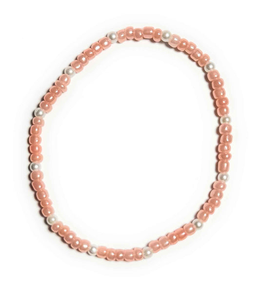 Coral Pink Beaded Anklet with Faux Pearl Accents, Stretchy Boho Beach Jewelry, Minimalist Style