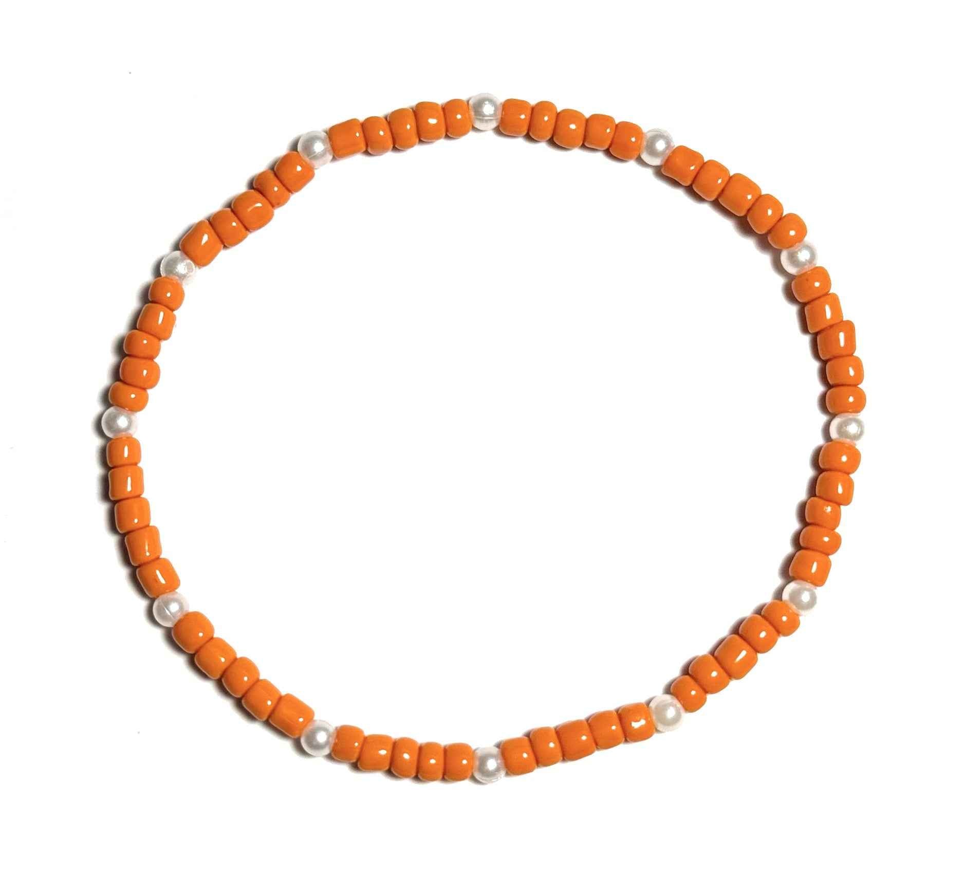Orange and Pearl Beaded Stretchy Anklet, Minimalist Boho Beach Jewelry, Anniversary Birthday Gift