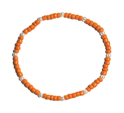 Orange and Pearl Beaded Stretchy Anklet, Minimalist Boho Beach Jewelry, Anniversary Birthday Gift