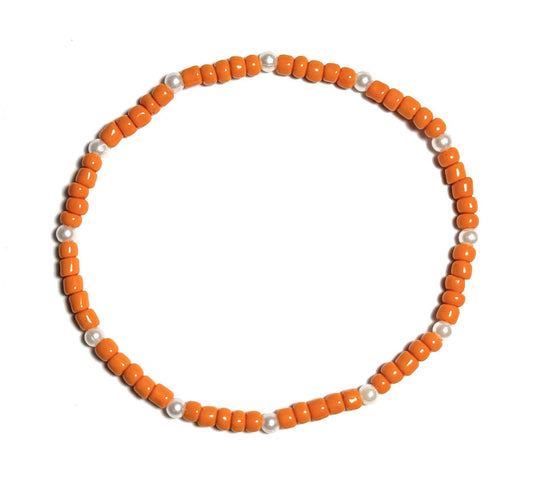 Orange and Pearl Beaded Stretchy Anklet, Minimalist Boho Beach Jewelry, Anniversary Birthday Gift