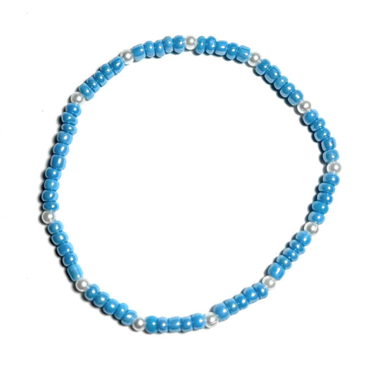 Stretchy Beaded Anklet, Light Blue and Pearl Color, Minimalist Boho Beach Jewelry