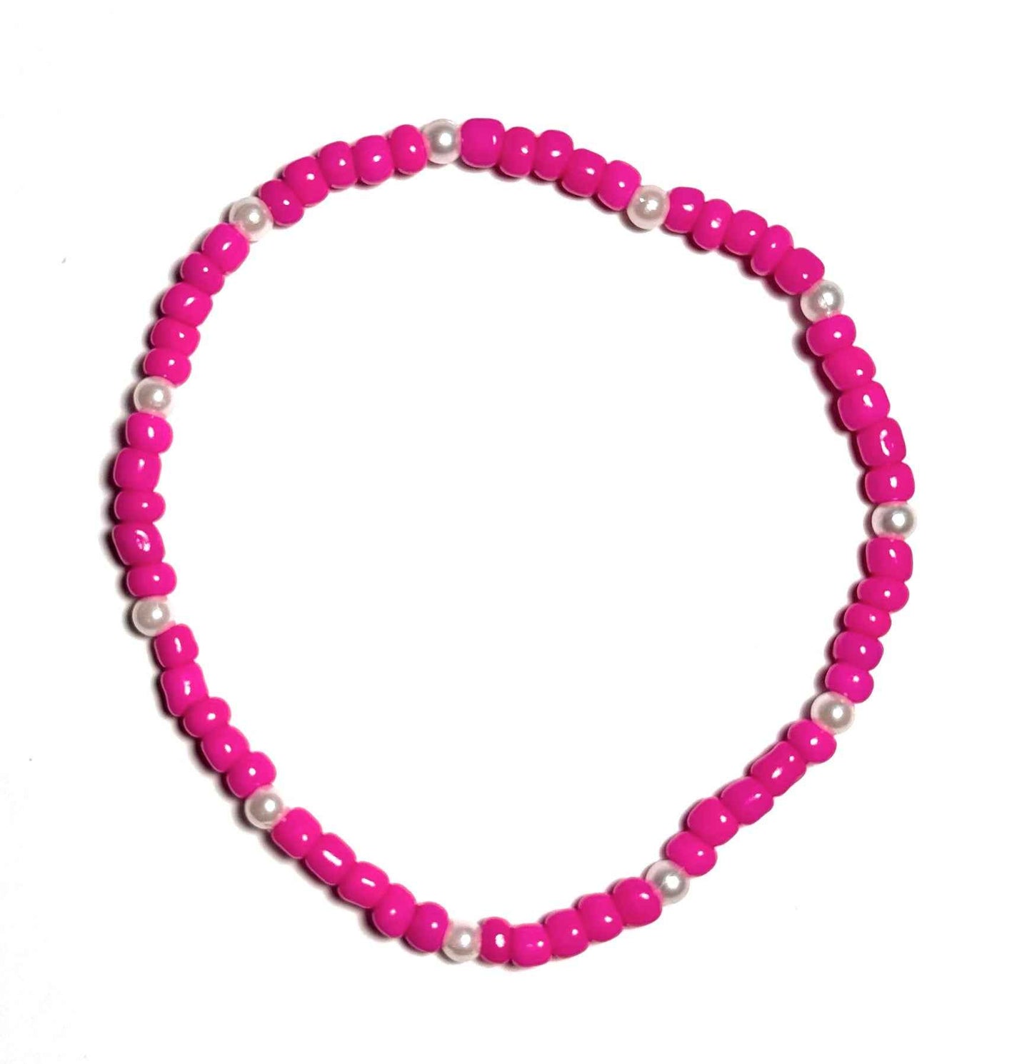 Neon Pink Beaded Anklet with Faux Pearl Accents, Stretchy Boho Beach Jewelry, Minimalist Design