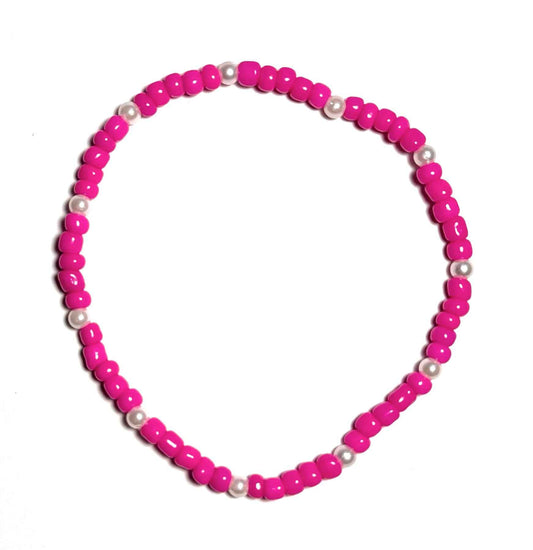 Neon Pink Beaded Anklet with Faux Pearl Accents, Stretchy Boho Beach Jewelry, Minimalist Design