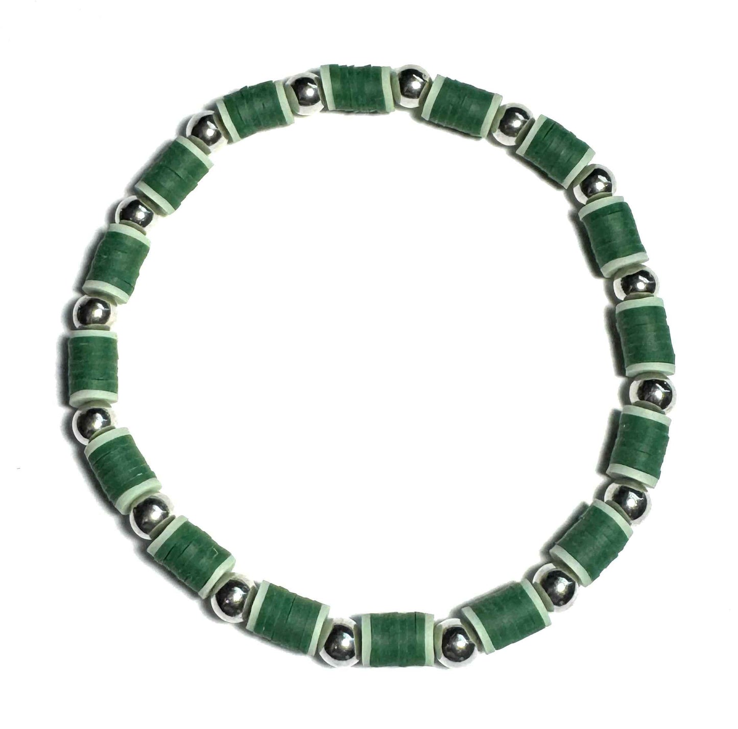 Heishi Handcrafted Green Beaded Anklet, Elastic Stretch Anklet with Silver Metallic Accents