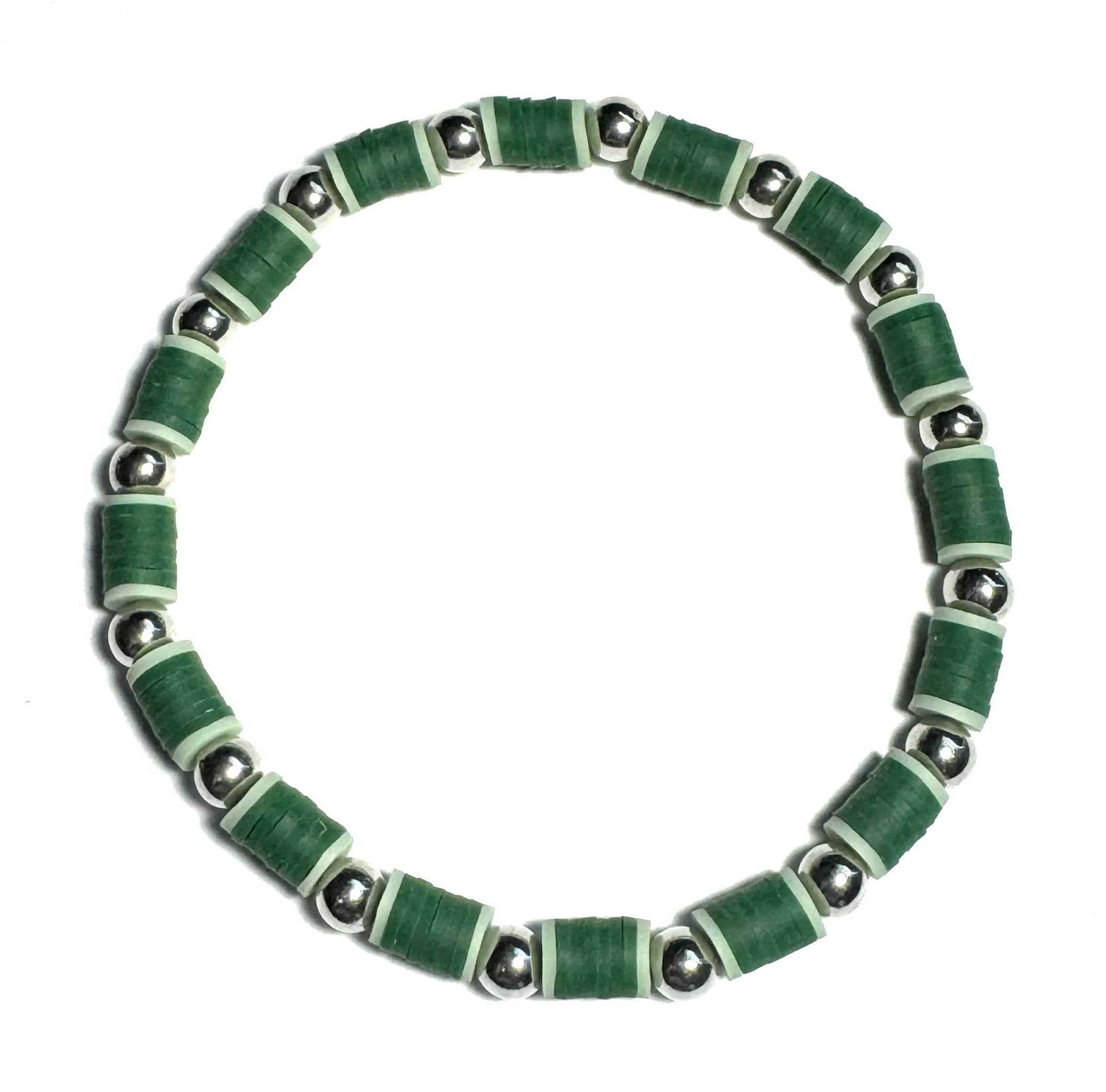 Heishi Handcrafted Green Beaded Anklet, Elastic Stretch Anklet with Silver Metallic Accents
