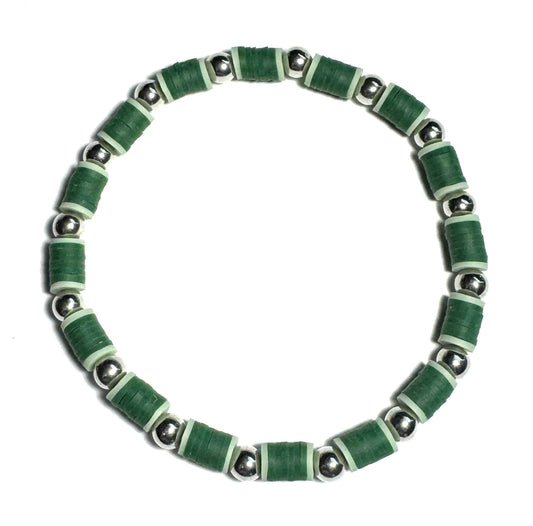 Heishi Handcrafted Green Beaded Anklet, Elastic Stretch Anklet with Silver Metallic Accents
