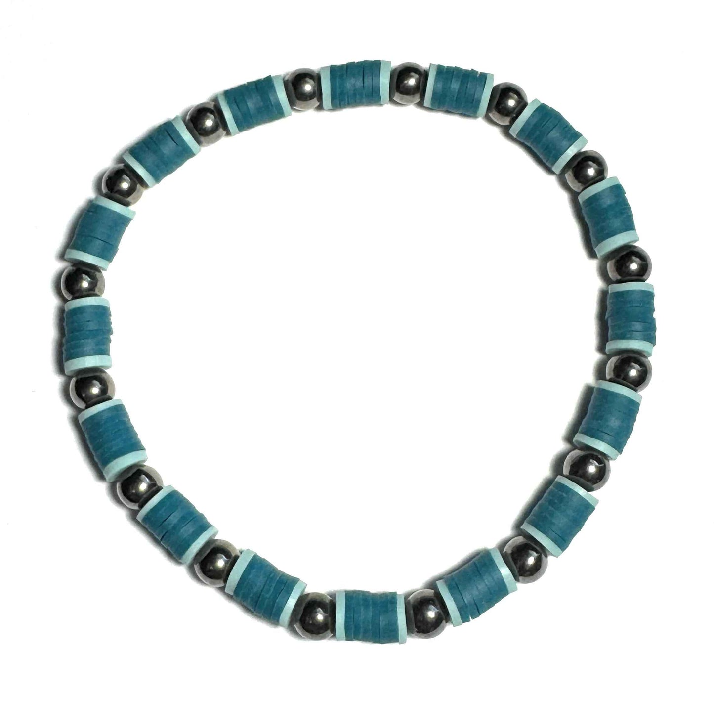 Heishi Elastic Beaded Anklet, Blue with Metallic Spacers, Stretch Fit