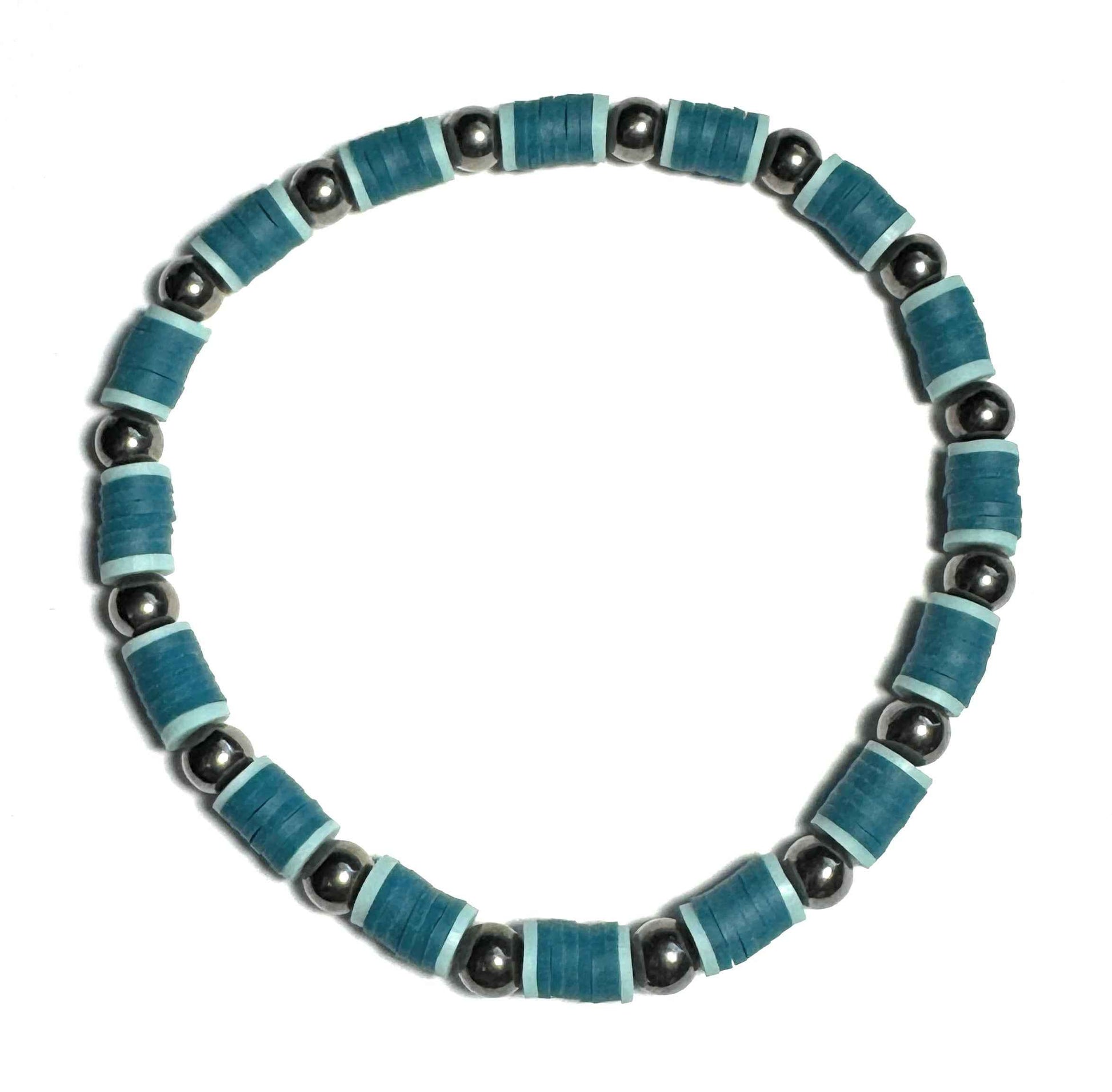 Heishi Elastic Beaded Anklet, Blue with Metallic Spacers, Stretch Fit