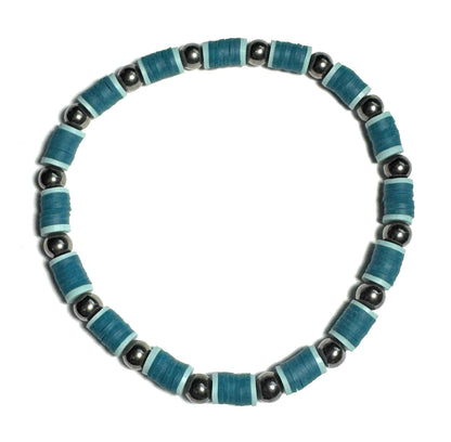 Heishi Elastic Beaded Anklet, Blue with Metallic Spacers, Stretch Fit