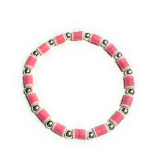 Heishi Pink Beaded Stretch Anklet with Silver Metallic Beads