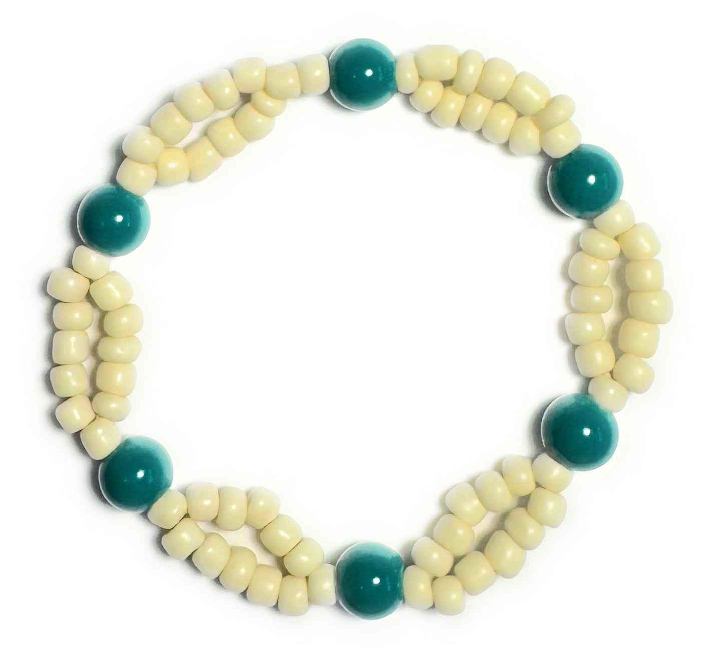 Cream and Teal Beaded Stretchy Bracelet