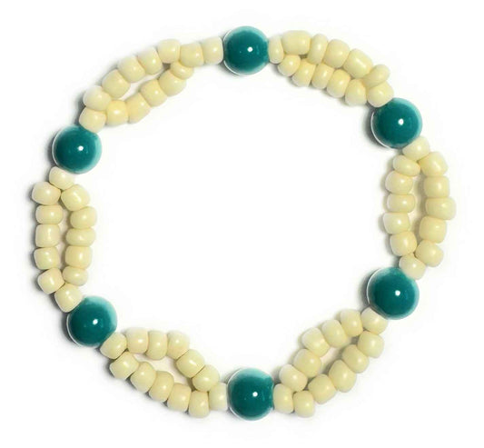 Cream and Teal Beaded Stretchy Bracelet
