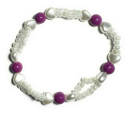 White and Purple Beaded Stretchy Bracelet