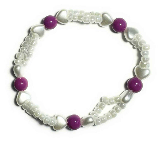 White and Purple Beaded Stretchy Bracelet