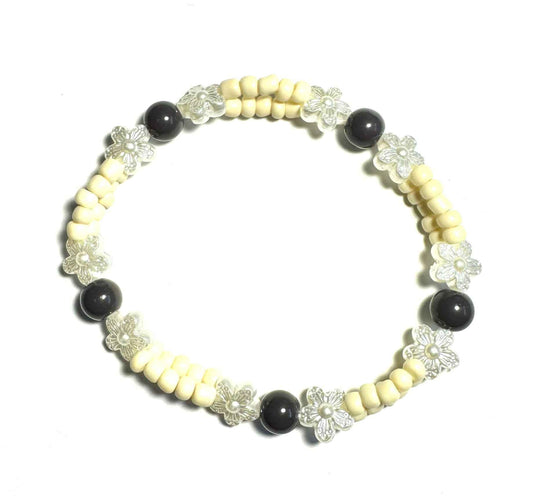 Cream, White Flowers, and Black Beaded Stretchy Bracelet