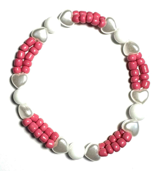 Pink and White Heart Beaded Stretchy Bracelet